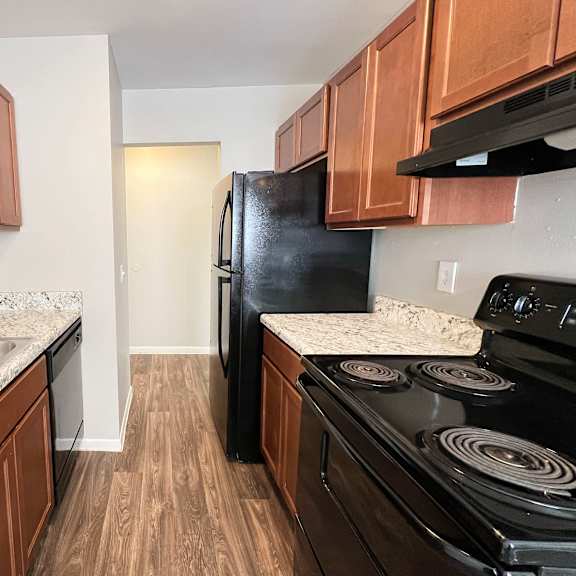 a kitchen with a black fridge and stove top oven.