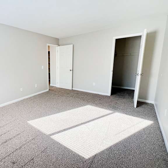 a room with a carpet and two doors.