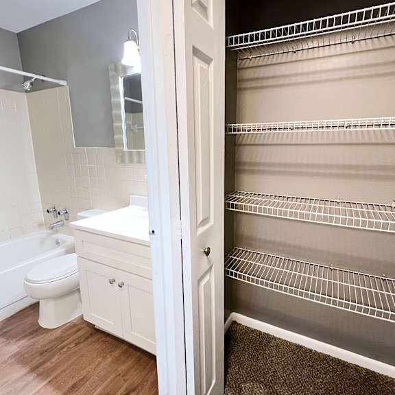 a white bathroom with a walk in closet.