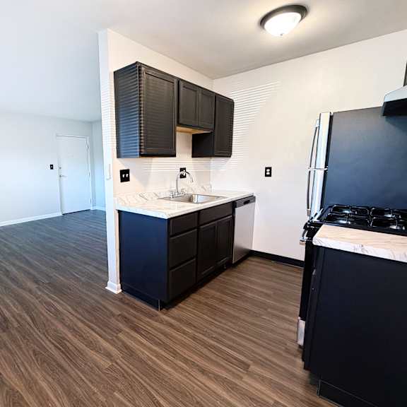 a kitchen with dark wood floors and black cabinets.