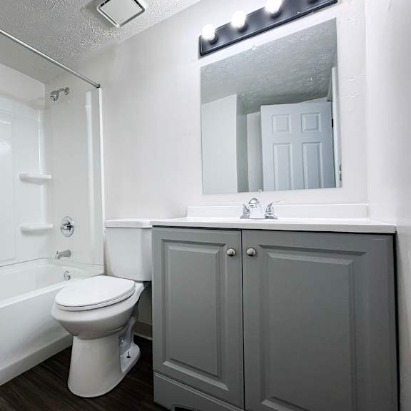 a white toilet sits in a bathroom next to a bathtub and a medicine cabinet.
