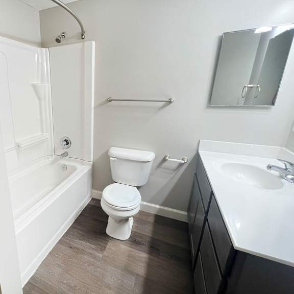 a bathroom with a toilet and a tub and a sink at woodhills apartments, west carrollton