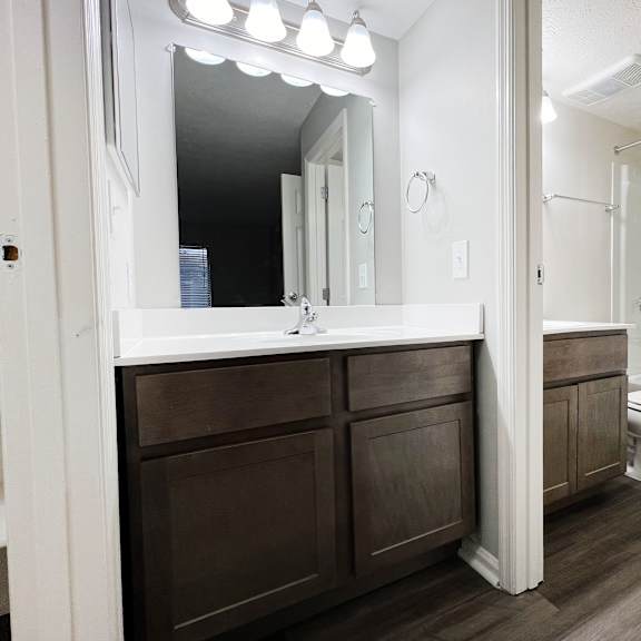 a bathroom with a sink and a toilet and a mirror  at deercross apartments, cincinnati, 45236