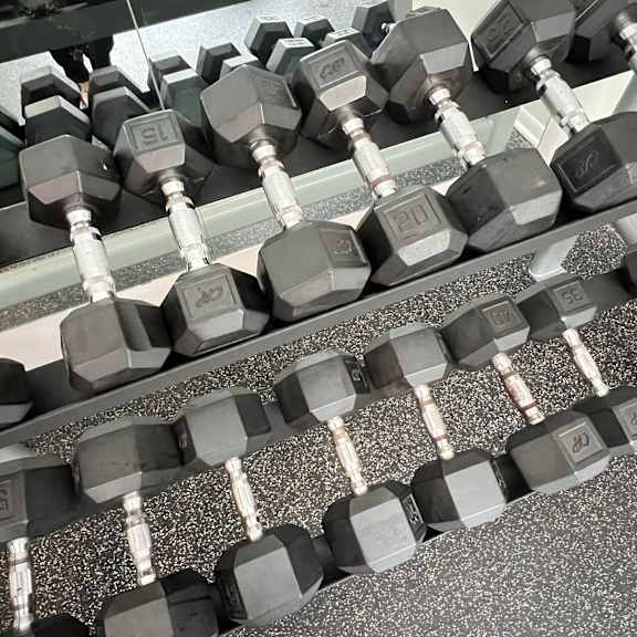 a row of dumbbells on the floor of a gym at the vinings apartments, cincinnati, 45245