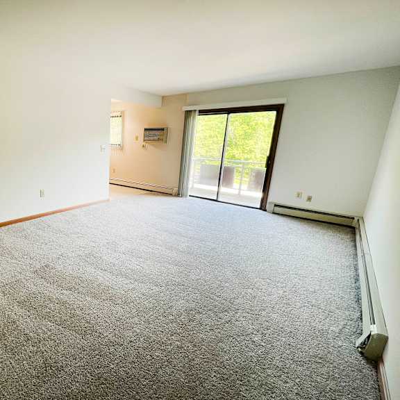 a room with a carpeted floor and a sliding glass door.
