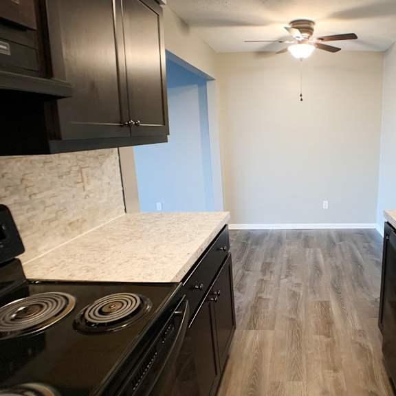 crown pointe renovated kitchen at crown pointe apartments, covington