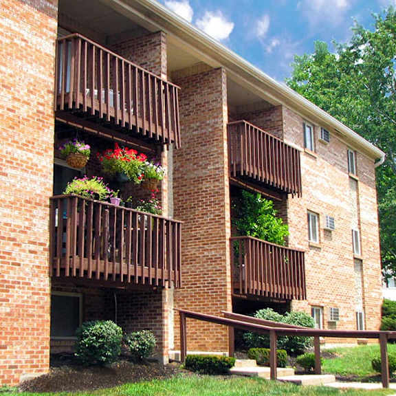 a brick apartment building with balconies at hunter ridge apartments, cincinnati, ohio