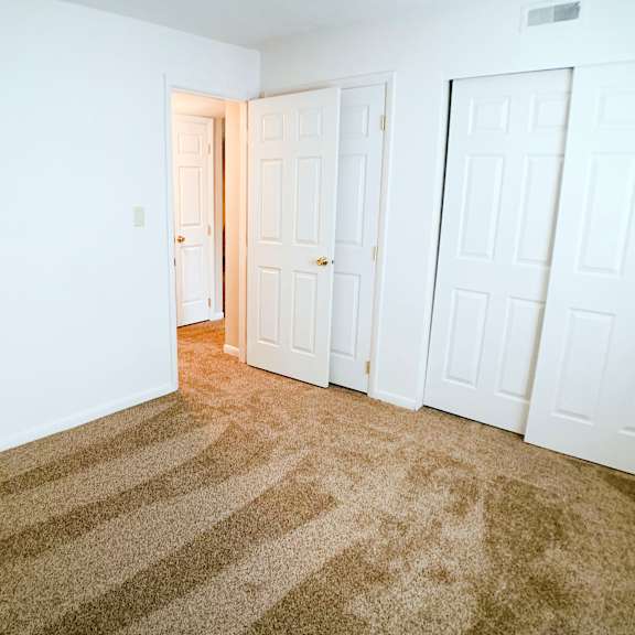 a room with a carpet and three doors.