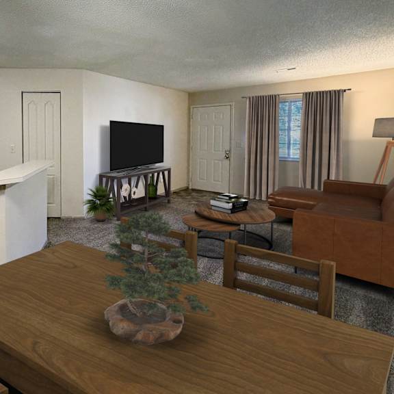 a living room with a couch, a television, and a dining table.