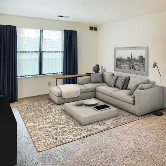 modern living room at four worlds apartments, cincinnati, 45231