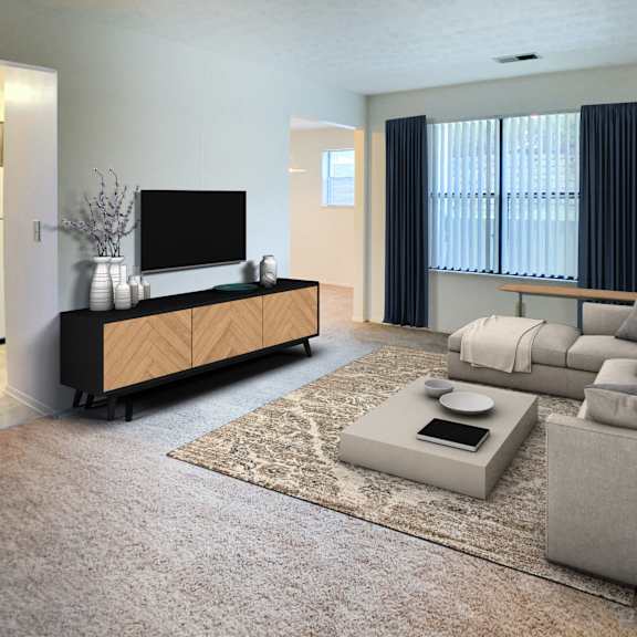 staged living room at four worlds apartments, cincinnati, oh