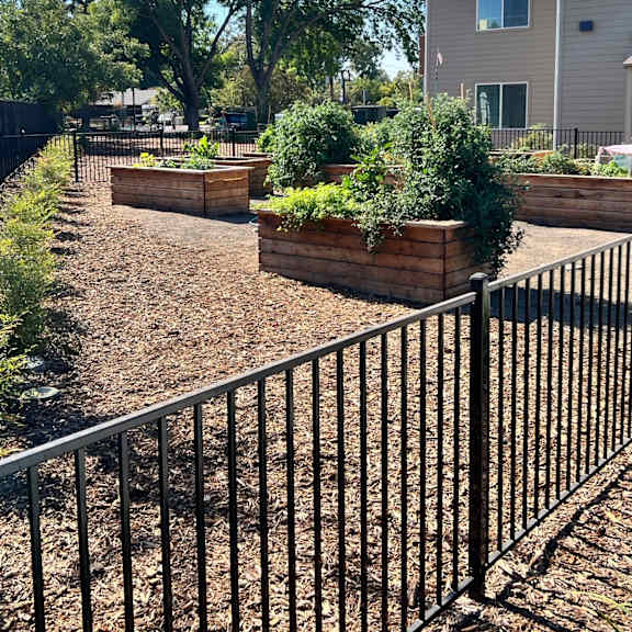 a train track runs through a residential area.