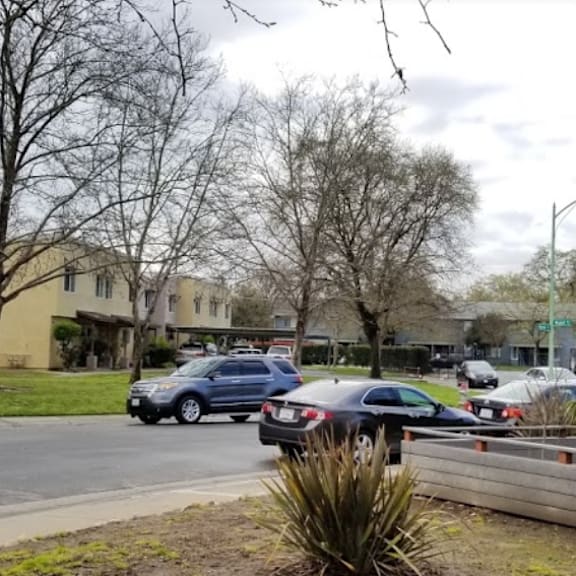 a street view of a residential area with cars parked on the side of the road.