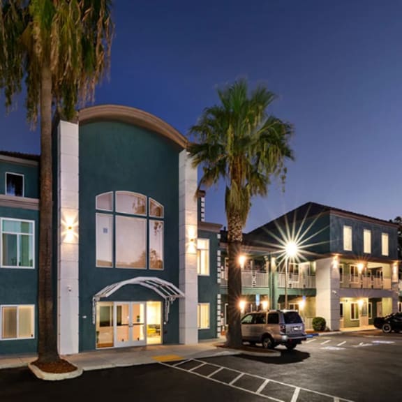 a building with a palm tree in front of it at night.