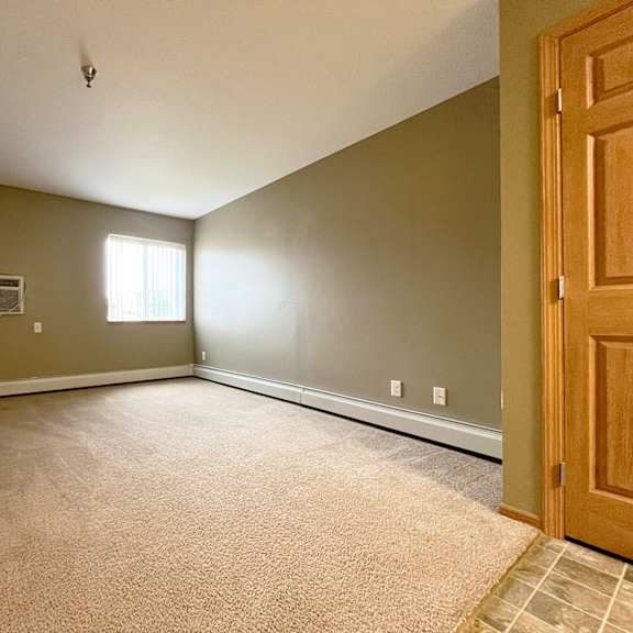 a room with a carpeted floor and a door on the right side.