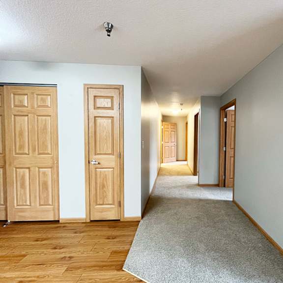 a hallway with two doors on the left and a carpet on the floor.