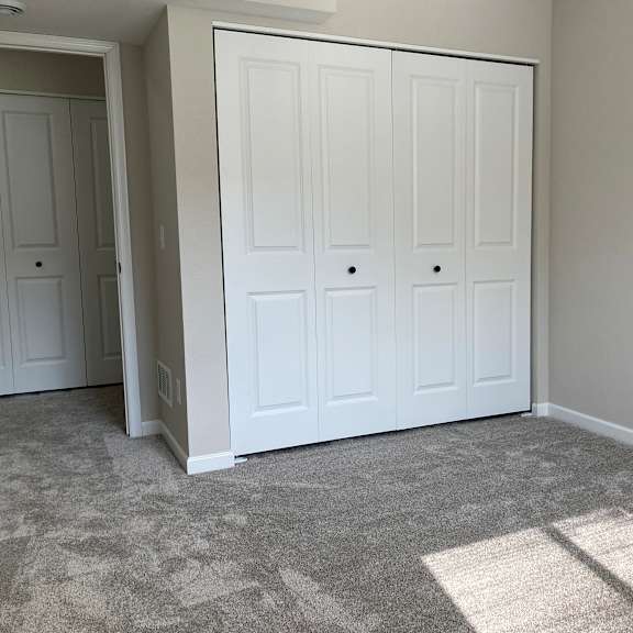 a bedroom with two closets and a carpeted floor