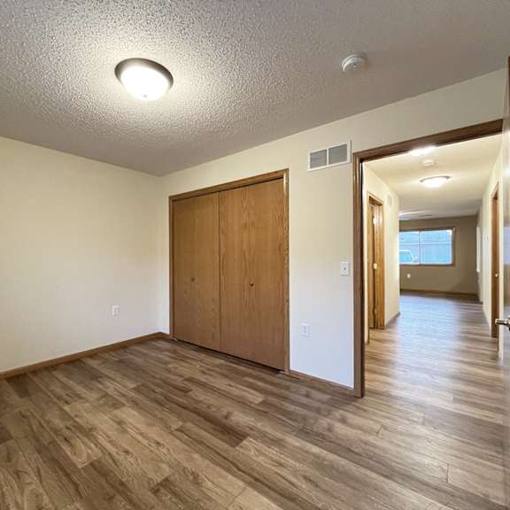 a room with a wooden floor and a brown door.