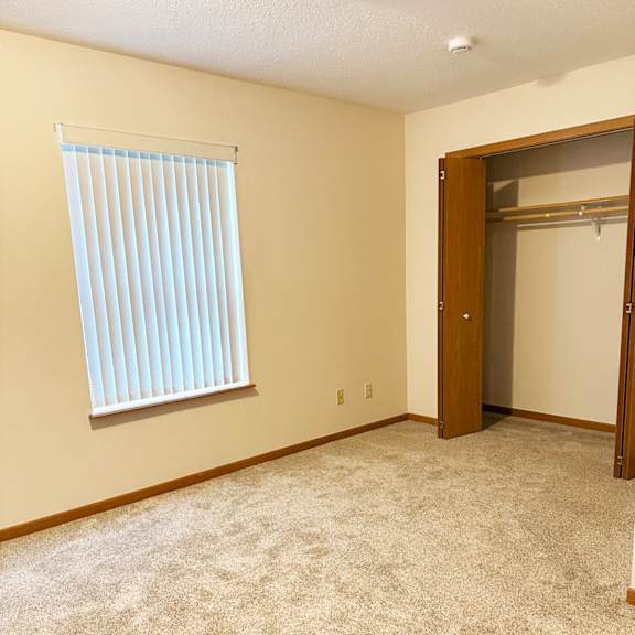 a room with a carpeted floor, a window with blinds, and a closet with a door.