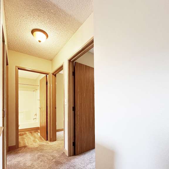 a hallway with a carpeted floor and a light on the ceiling.