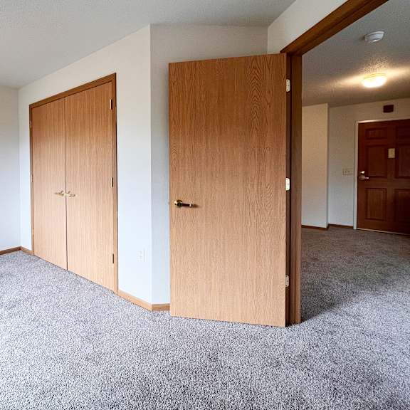 a room with two wooden doors and carpeted floor.