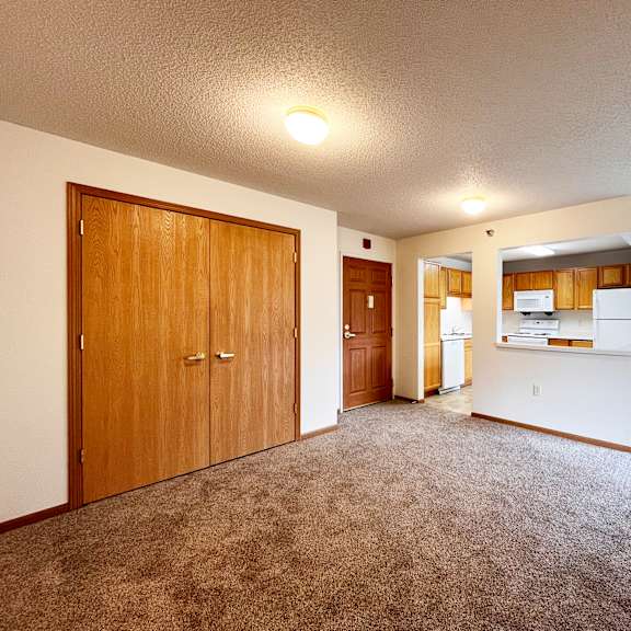 a large, empty room with a carpeted floor and a kitchen area in the background.