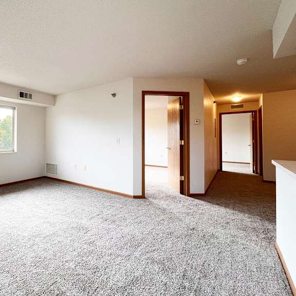 a room with a carpeted floor and a window letting in natural light.
