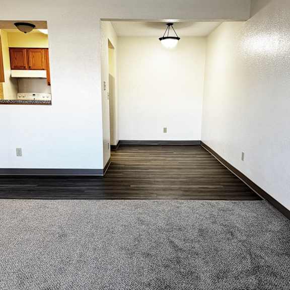 a room with a grey carpet and wooden floor.