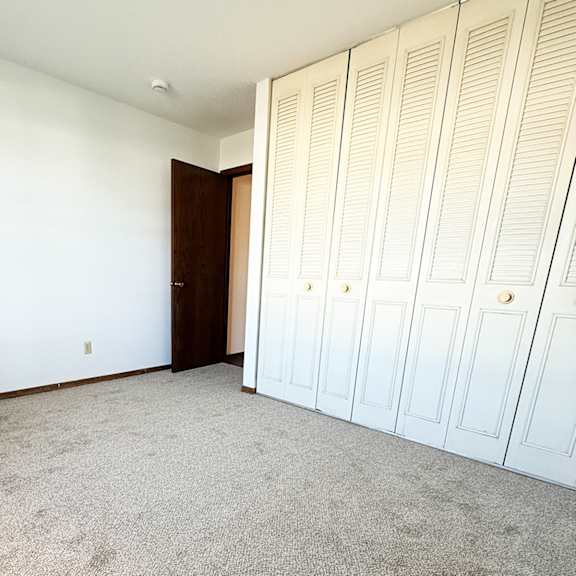 a room with a carpeted floor and a row of white closet doors.