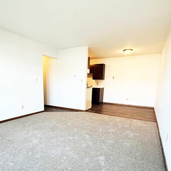 a room with a carpeted floor and a television on the wall.
