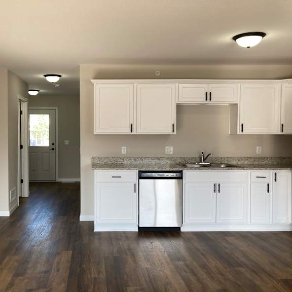 a kitchen with white cabinets and a counter top with a dishwasher