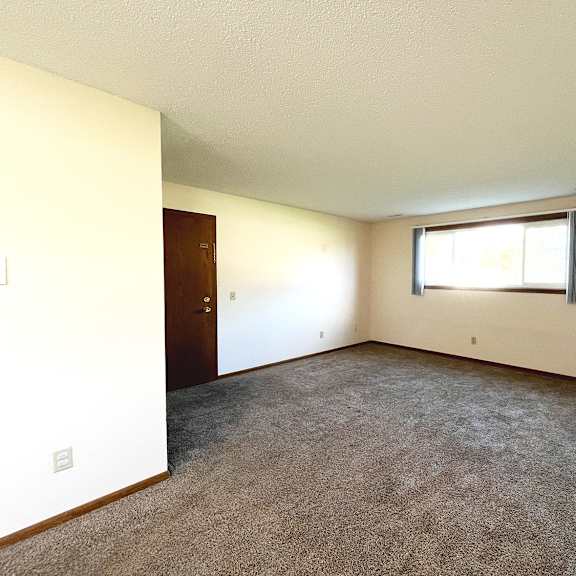an empty living room with a window and carpet