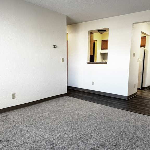 a room with a grey carpet and a mirror on the wall.