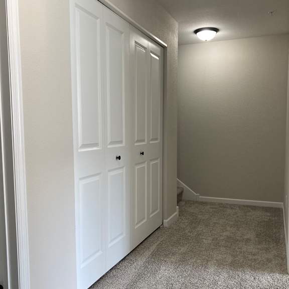 a bedroom with two closets and a carpeted floor