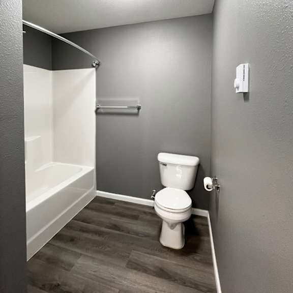 a white toilet in a small bathroom with a wood floor.