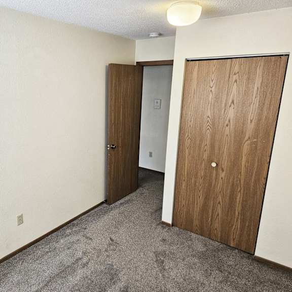 a room with two wooden doors and carpeted floor.