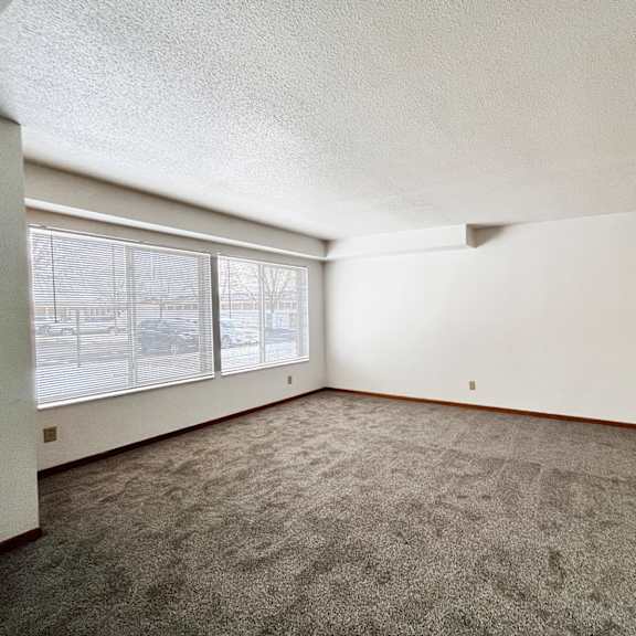 a room with a carpeted floor and a window with blinds.