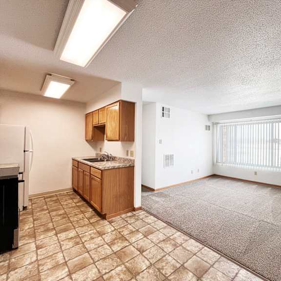 a kitchen area with a refrigerator, sink, and cabinets.