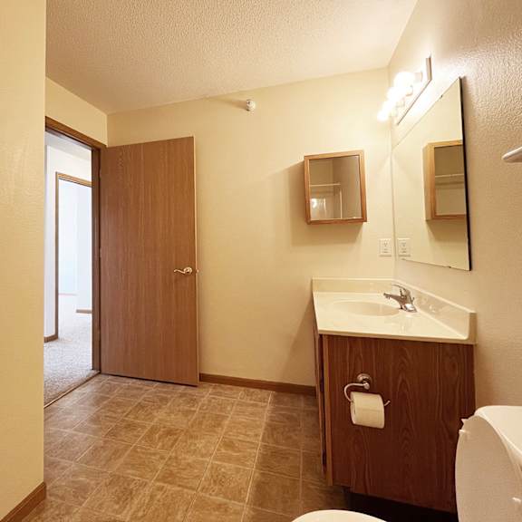 a bathroom with a toilet, sink, and mirror.