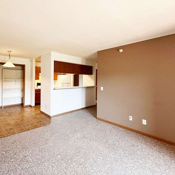 a room with a carpeted floor and a brown wall.