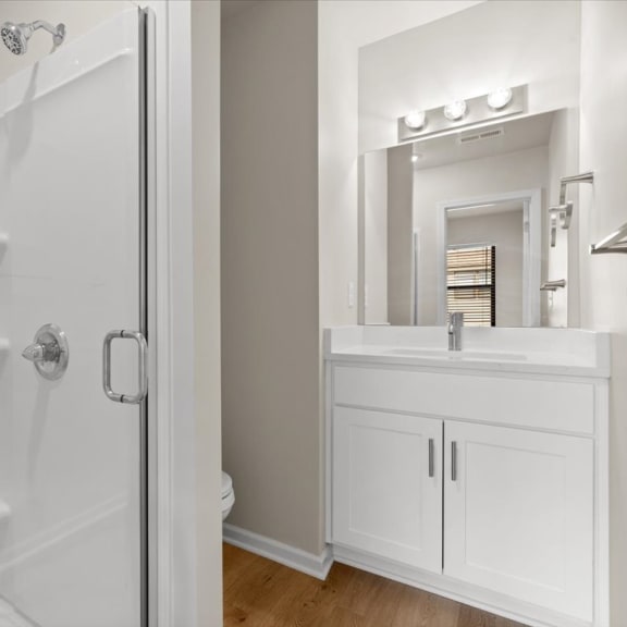 Thumbnail 7 of 10 a bathroom with a shower and a sink and a mirror