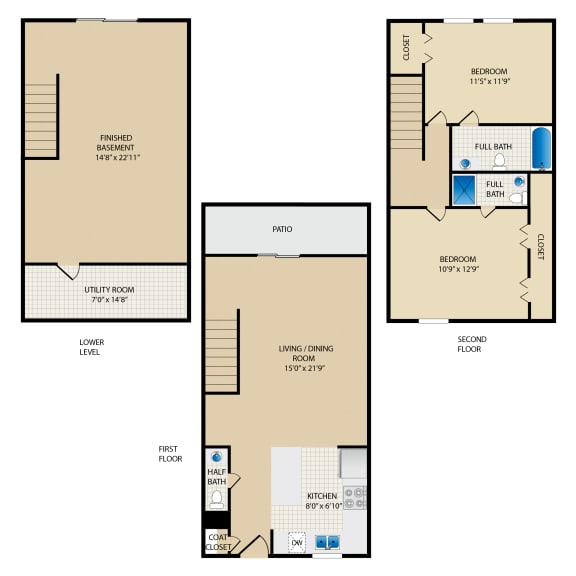 Thumbnail 1 of 13 three floor plan of a residence with a bedroom and a living room