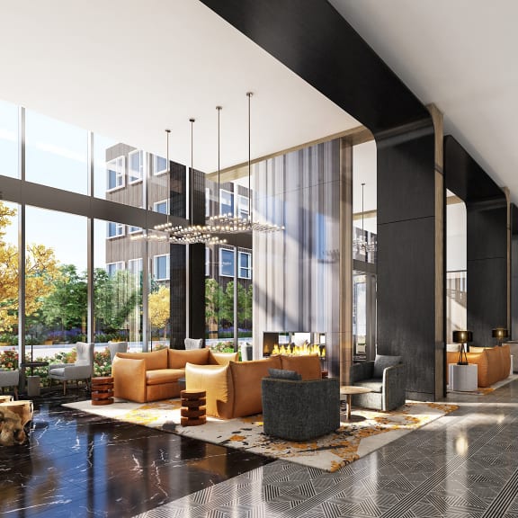 a rendering of a living room with high ceilings and large windows