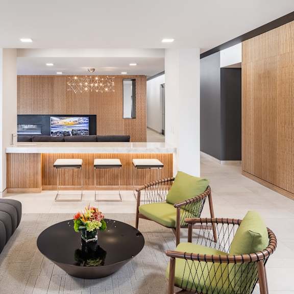 hotel inspired lobby with mid-century finishes