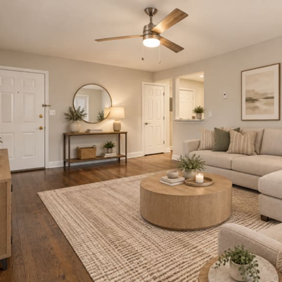 a living room with a beige couch, a coffee table, and a ceiling fan.