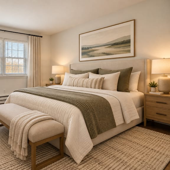 a bedroom with a large bed and a bench in front of it.
