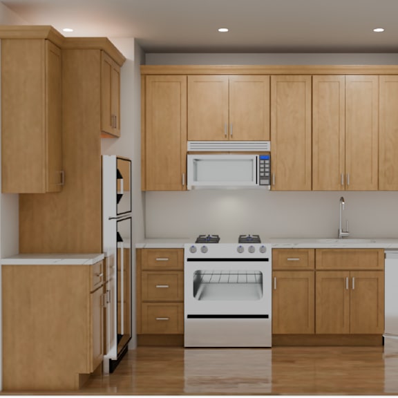 a kitchen with wooden cabinets and appliances.