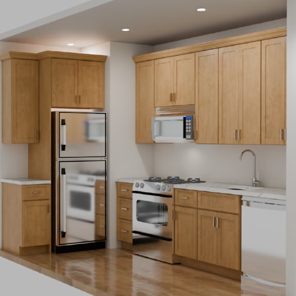 a kitchen with wooden cabinets and stainless steel appliances.
