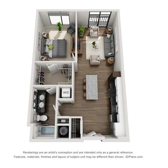 Thumbnail 1 of 17 a stylized floor plan with a bedroom and a living room