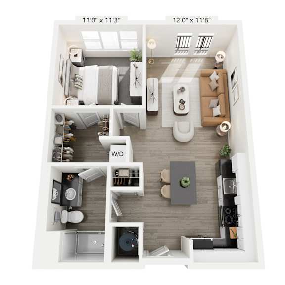 Thumbnail 3 of 7 The Harmony floor plan at Contrast OTR in Cincinnati’s Over-the-Rhine is a modern one-bedroom, one-bathroom layout with open living, sleek kitchen, walk-in closet, and in-unit washer and dryer—ideal for downtown living near TQL Stadium